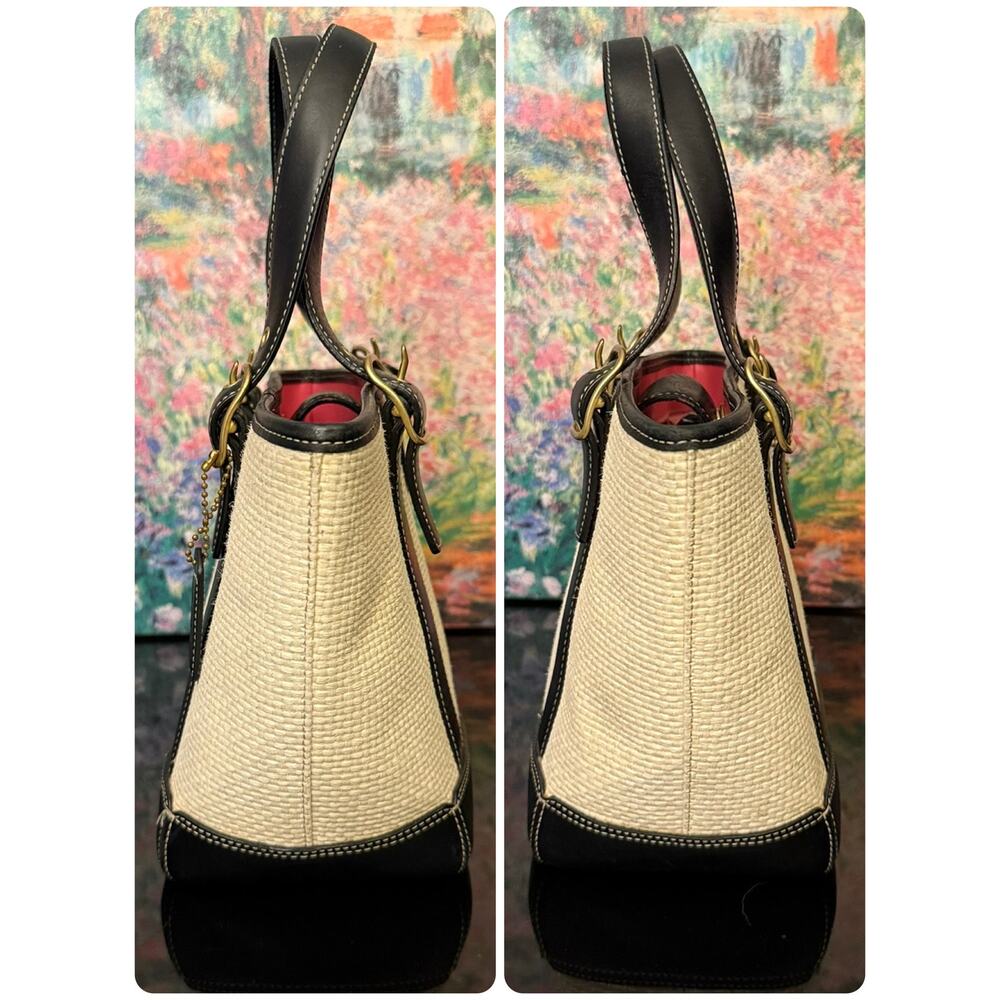 EUC Vintage Coach 8908 Raffia Basket/Tote Bag Cream/Black - Picture 3 of 10